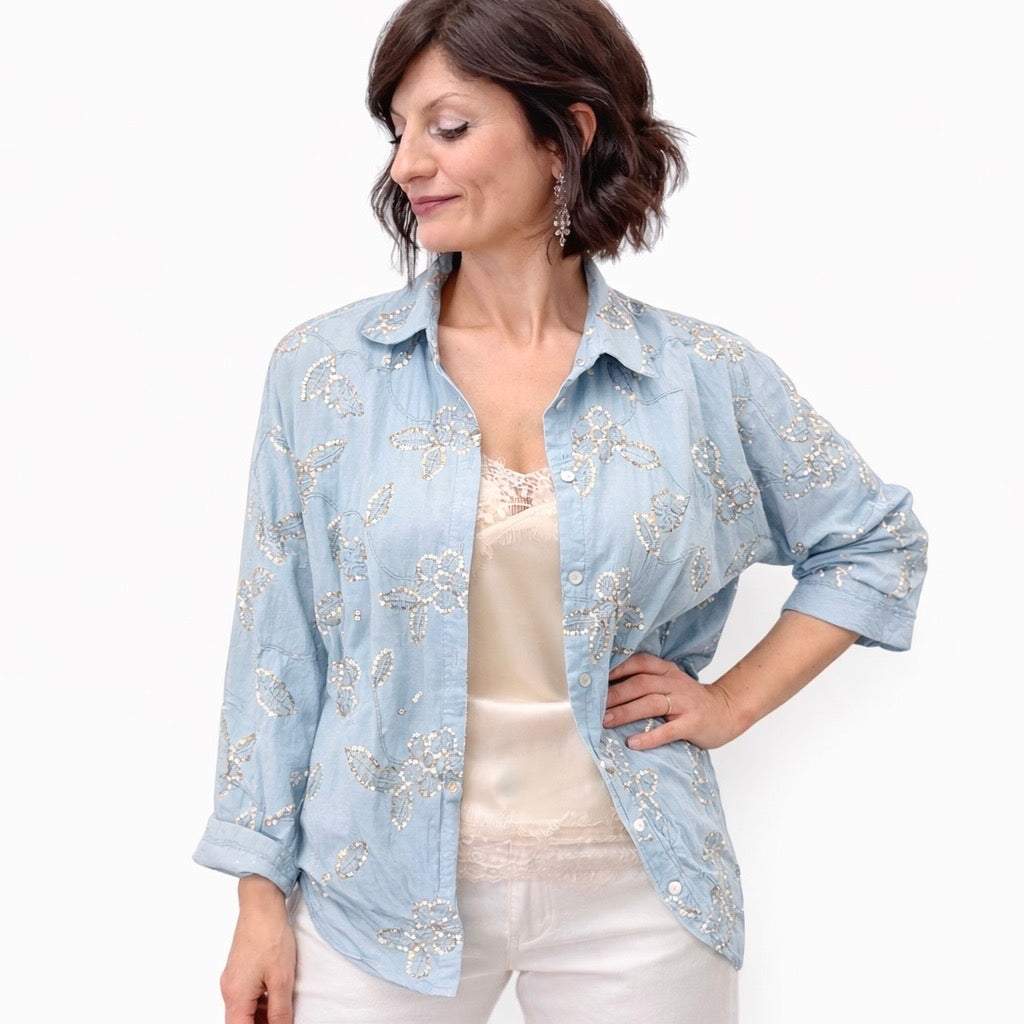 Blue Joint camicia ricami paillettes