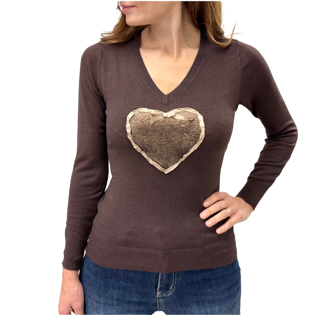 Simona M maglione a V cuore paillettes V CUOREMARRONE Simona M.